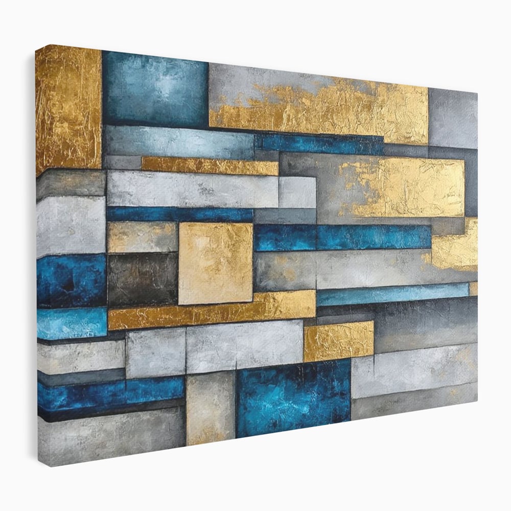 Tablou canvas cu pictura abstracta cu forme geometrice aurii, fara rama, pe sasiu de lemn